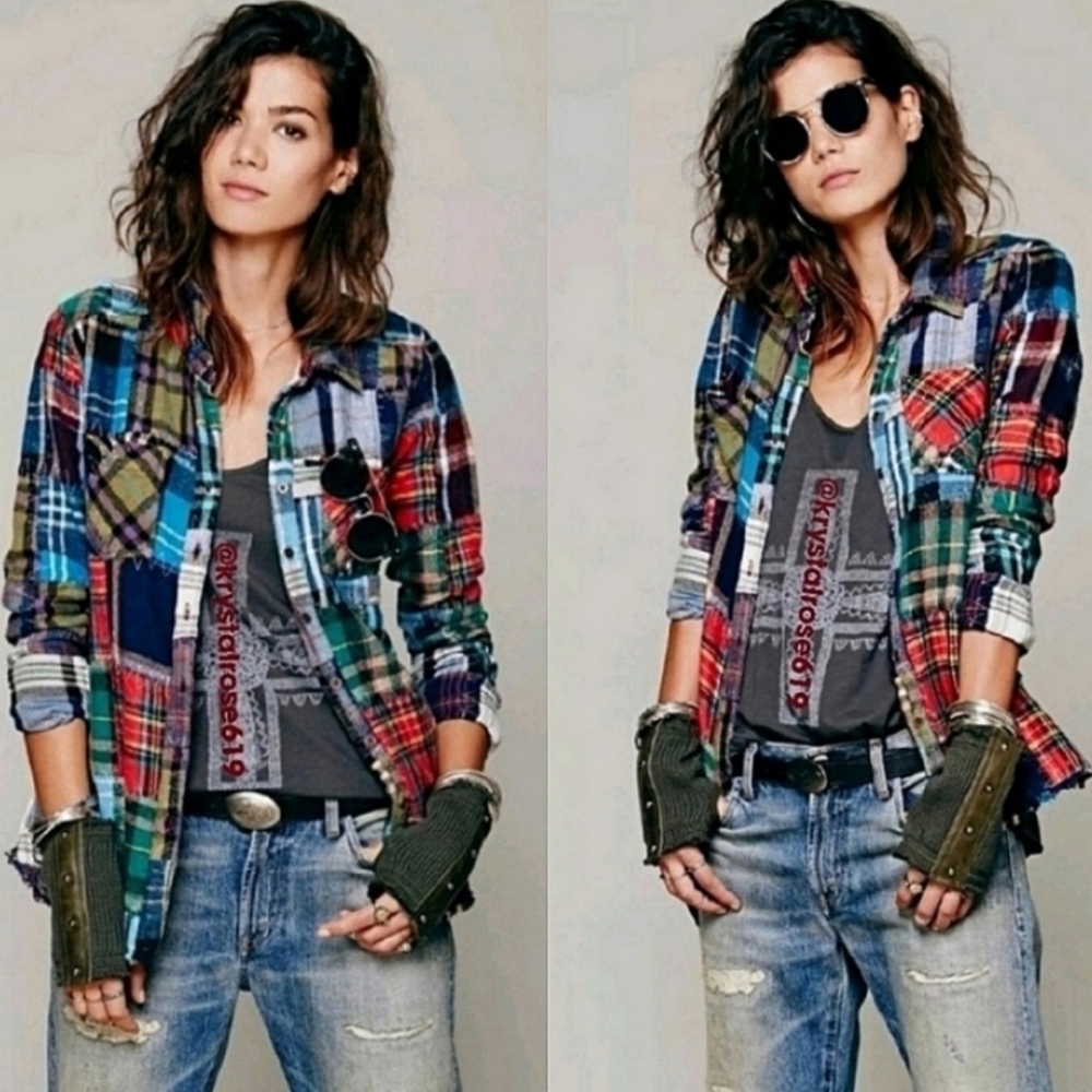 Free People We The Free Lost In Plaid Patchwork Plaid Flannel Top